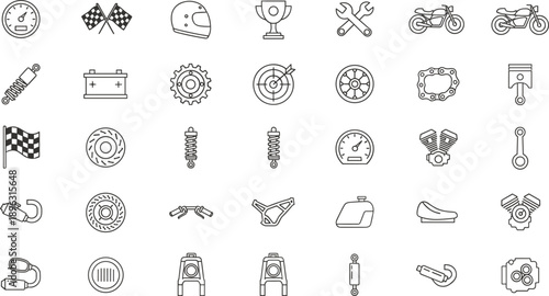 Automotive racing line icons set with car parts speed tools motorsport symbols vector illustration outline collection