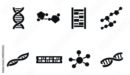 Dark themed molecular biology icons with dna strands and molecules