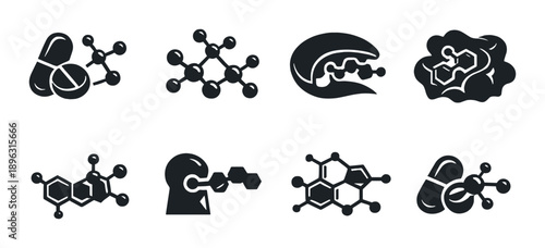 Black molecular chemistry symbols collection on gradient background