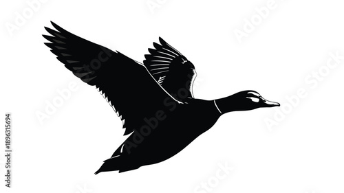 a black silhouette of a duck in flight against a stark white background