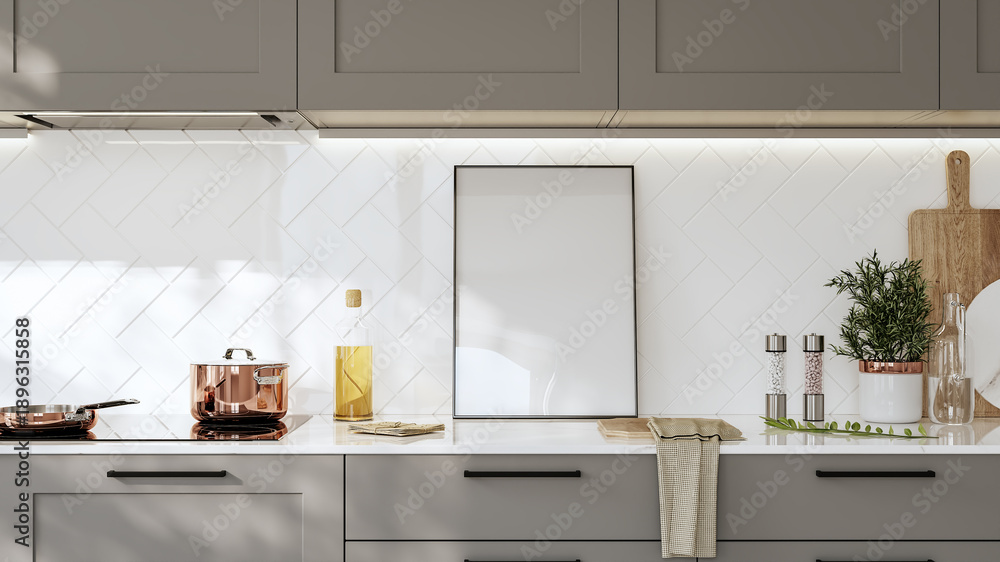 Naklejka premium Frame mockup in modern kitchen interior background, 3d render