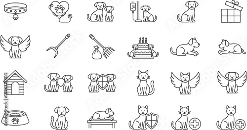 Pet care line icons set with dogs cats veterinary grooming food shelter and medical symbols vector illustration outline