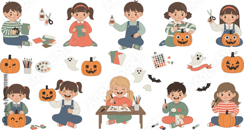 Kids Halloween Crafts Vector Set with Pumpkin Carving, Painting, Candy, Ghosts, Bats and Cute Cartoon Children Holiday Activities