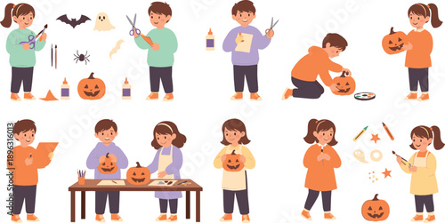 Kids Celebrating Halloween Vector Set with Pumpkin Carving, Crafts, Decorations, Costumes, Candy and Fun Cartoon Children Holiday Activities