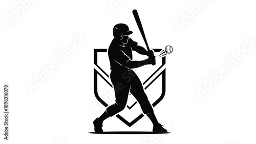 a baseball player swinging a bat striking a ball framed by a shield silhouette