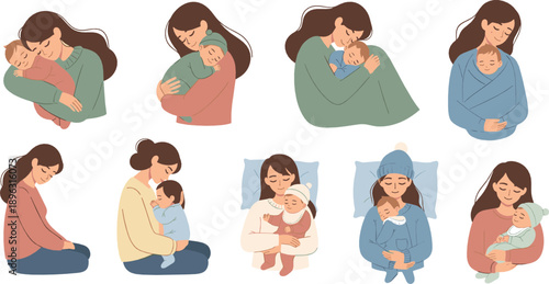 Mother hugging newborn baby with love and care, tender motherhood moments, maternal bonding and comfort, soft flat vector illustration set for family concepts
