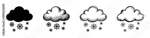 Set of four hand-drawn snow cloud icons showing different artistic styles from solid silhouette to sketchy doodle for weather forecast or winter season concepts