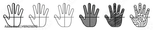 Set of six black handprint scanner icons for biometric identification and security access, featuring various styles like line art, dotted, hatched, and a digital circuit pattern