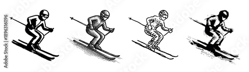 Set of four black ink illustrations of a downhill skier in a dynamic racing pose, showcasing different hand-drawn graphic styles from sketch to silhouette