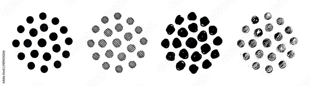 Fototapeta premium Set of four black hand-drawn dot patterns showing a progression of textures from simple solid circles to crosshatch, brush stroke, and distressed grunge sketch styles