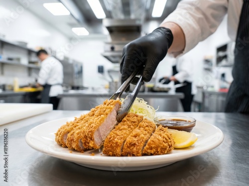 Chef Placing Crispy Pork Tonkatsu on Plate in Professional Kitchen
