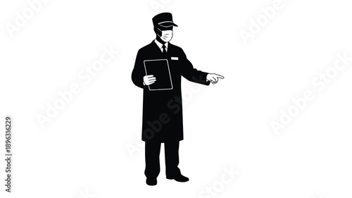 a black and white silhouette of a conductor gesturing with a clipboard