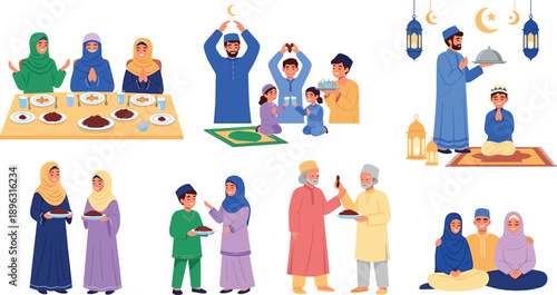 Muslim Family Ramadan Vector Set with Praying, Iftar Dinner, Quran Reading, Lanterns, Crescent Moon and Warm Islamic Celebration Scenes