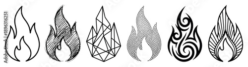 Set of six black fire flame icons in various artistic styles like sketch, geometric, tribal, and stippled, representing a collection of creative design elements and symbols