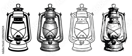 Four vintage kerosene lanterns in different artistic styles, including silhouette, line art, cross-hatching, and rough sketch, showing a collection of hand-drawn illustrations