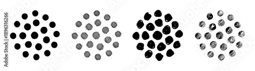 Set of four black hand-drawn dot patterns showing a progression of textures from simple solid circles to crosshatch, brush stroke, and distressed grunge sketch styles