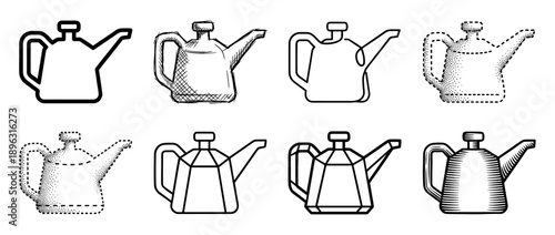 Set of eight black oil can illustrations in various artistic styles like outline, sketch, stipple, geometric, and engraving for graphic design elements