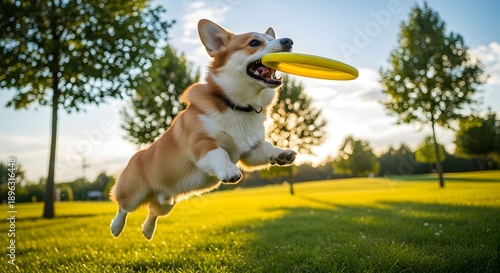 Wallpaper Mural Dog leaping for a frisbee in park under bright sunlight Torontodigital.ca