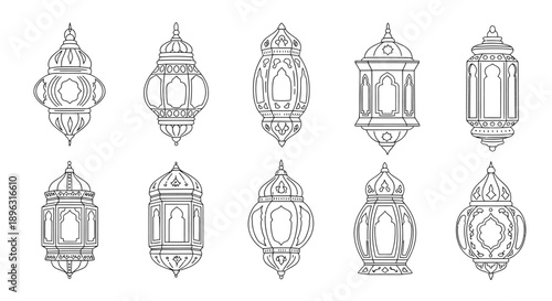 Ramadan Lantern Line Art Collection, Islamic Fanous Vector Illustrations Set