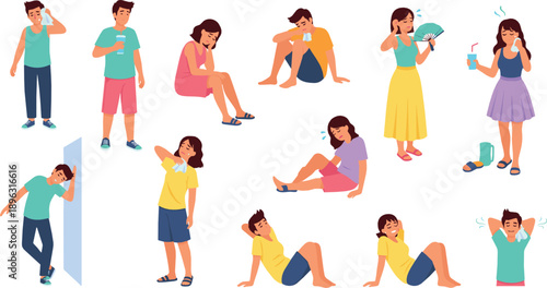 People Suffering from Heat Exhaustion Vector Set with Dehydration, Sweating, Fatigue, Summer Heatwave Symptoms and Cartoon Characters Showing Discomfort