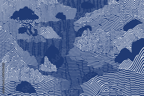 Abstract Japanese-inspired background featuring distorted mountain and forest silhouettes. Hand-drawn with dense horizontal blue etching and woodblock textures for a vintage look.