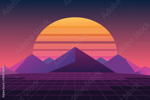 Sunset over the Pyramids of Giza with desert sand camels and a colorful travel landscape illustration