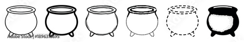 Six black and white witch cauldron icons in various artistic styles including line art, sketch, dotted, dashed, and silhouette for graphic design elements