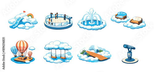 Whimsical cloud playground with hot air balloon and fountain