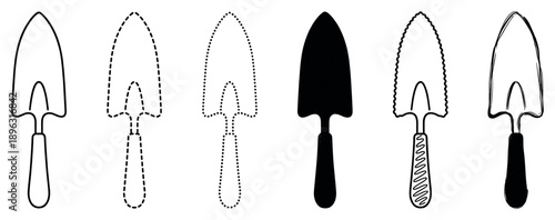 Set of six garden trowel icons presented in various artistic styles, including outline, dashed, dotted, solid silhouette, and a hand-drawn sketch for graphic design