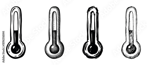 Four black and white hand-drawn thermometers in a row, each with a unique sketch style like cross-hatching and rough lines, symbolizing temperature and climate