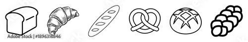Set of black and white bread icons showing various baked goods like a loaf, croissant, baguette, pretzel, boule, and challah in a minimalist line art illustration style
