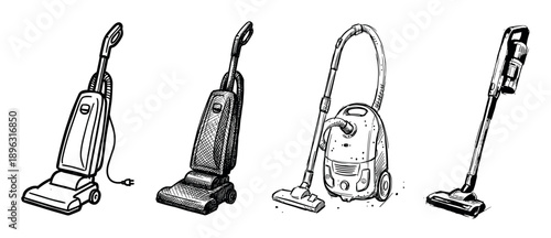 Four different types of vacuum cleaners in a hand-drawn sketch style, showing upright, canister, and stick models for household cleaning and appliance concepts