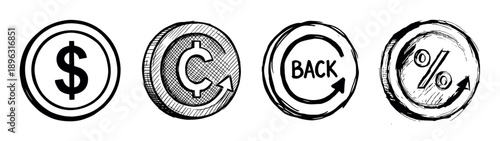 Set of four hand-drawn financial icons including dollar and cent coins, a cashback symbol, and a percentage discount sign, all rendered in a black ink doodle style