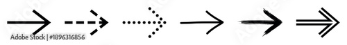 Collection of black arrow icons in different styles pointing to the right, including solid, dashed, dotted, hand-drawn, grunge brush stroke, and double line variations for navigation