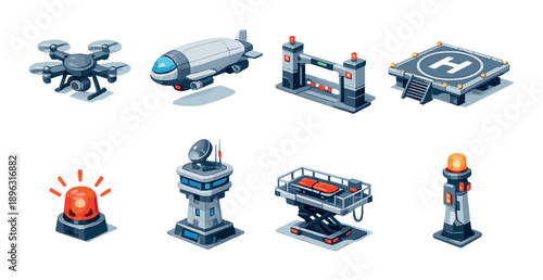 Futuristic drone and spaceport icons with control tower and landing pad