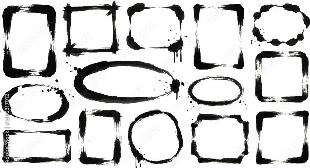 Obraz premium Black vector rough edge rectangles. Grunge square frames set. Brush frame rough rectangle box shape set. texture, frame and abstract background.