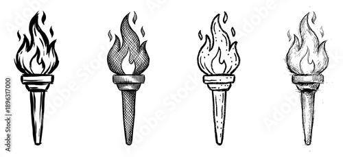 Set of four hand-drawn burning torches in various sketch styles, including doodle, crosshatch, and ink wash, symbolizing victory, freedom, and enlightenment