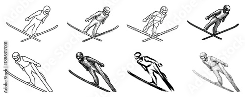 Set of eight ski jumper illustrations in various artistic styles including line art, sketch, geometric, crosshatch, brush stroke, and stippling, showing an athlete in mid-air