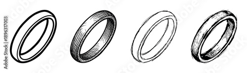 Set of four black rings illustrated in various hand-drawn styles like clean line art, cross-hatching, and rough sketch, presented as a graphic design element collection