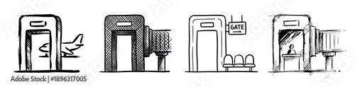 Set of four hand-drawn airport icons showing security scanners, a boarding gate, and a check-in counter in a black and white sketchy doodle style for travel concepts