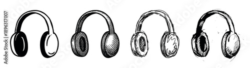 Four black and white hand-drawn headphones illustrated in a row with various sketch styles, from a clean graphic silhouette to a messy ink doodle and cross-hatching