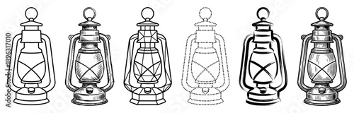 Set of six vintage kerosene lanterns illustrated in various black and white graphic styles, including outline, sketch, dotted line, brush stroke, and detailed engraving
