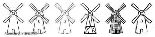 Set of six black windmill icons presented in various artistic styles like hand-drawn sketch, geometric, dashed line, brush stroke, and bold linocut illustrations