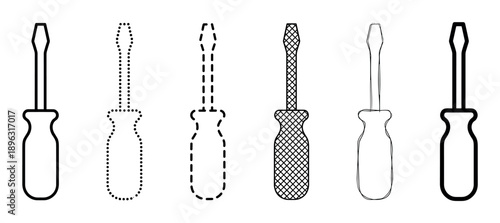 Set of six black screwdriver icons presented in various line art styles including solid, dotted, dashed, textured, and sketched outlines for a versatile tool graphic collection