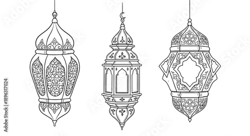 Intricate ramadan lantern line art set, traditional arabic hanging lamp vector illustration for eid mubarak decorative elements