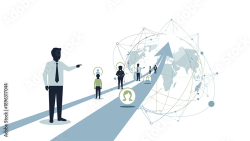 Illustration of a businessman pointing towards a group of people standing on a blue path leading to a global network and world map with connected lines and nodes.
