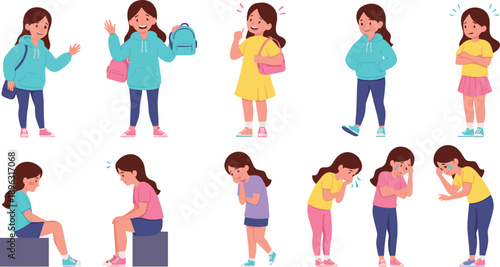 School Girl Expressing Emotions Vector Set with Backpack, Sadness, Anxiety, Daily Feelings, Body Language and Cute Cartoon Student Characters