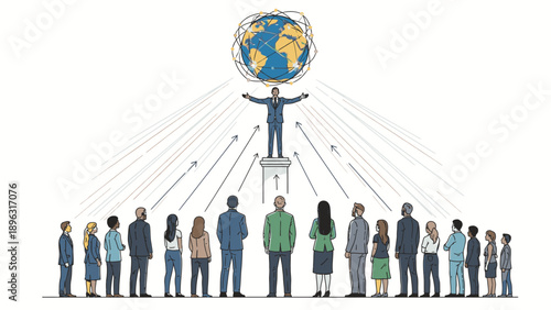 Illustration of a diverse group of people standing in a line with a man holding up a globe above them against a white background.