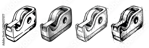 Four hand-drawn tape dispensers in various sketch styles, showing a progression from clean line art to a rough, hatched ink illustration for office supply concepts