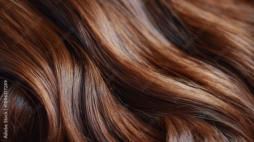 Naklejka premium Close-up beauty detail of healthy brown hair, fine strands catching the light, natural texture emphasized, blurred neutral background, realistic hair photography